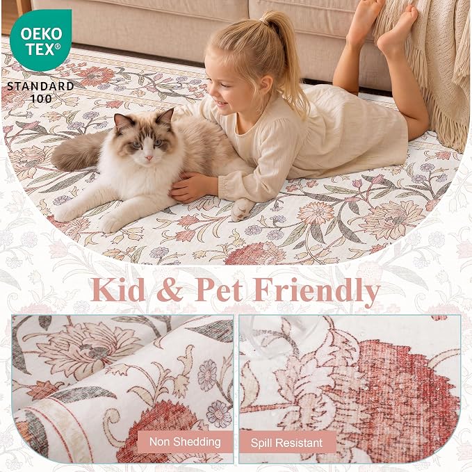 DUKINO 2.6x8 Runner Rug, Washable Vintage Floral Kitchen Runners Beige Pink | Non Slip, Low Pile, Non-Shedding Soft Carpet for Hallway Bathroom Laundry Entryway Bedroom Farmhouse, Kids and Pets Friendly