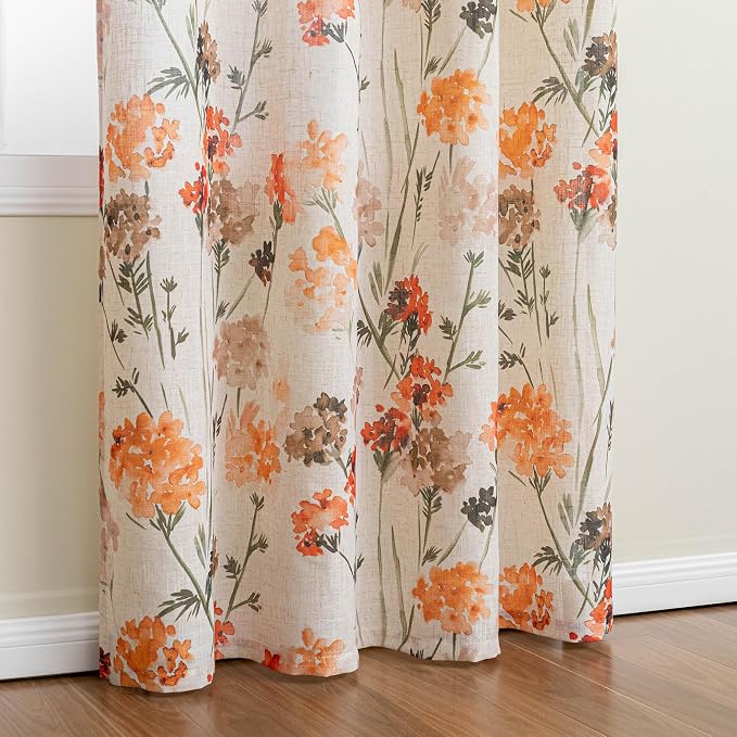 MYSKY HOME Orange Semi Sheer Floral Curtains Linen Printed Drapes,Light Filtering Flower Print Grommet for Living Room Bedroom Farmhouse Decor,52x63 Inch,2pcs