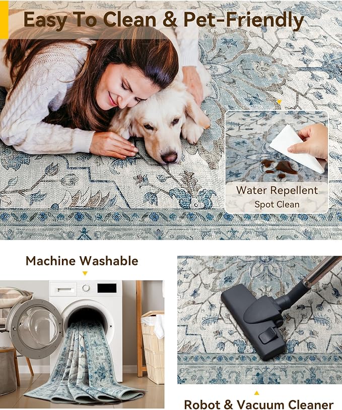 RELEANY Area Rugs Runner 2'6"x14' Washable Non-Slip, Floral Vintage Distress Medallion Carpet for Kitchen Hallway Bedroom Beside Laundry Room Bathroom, Light Blue Navy Gray White
