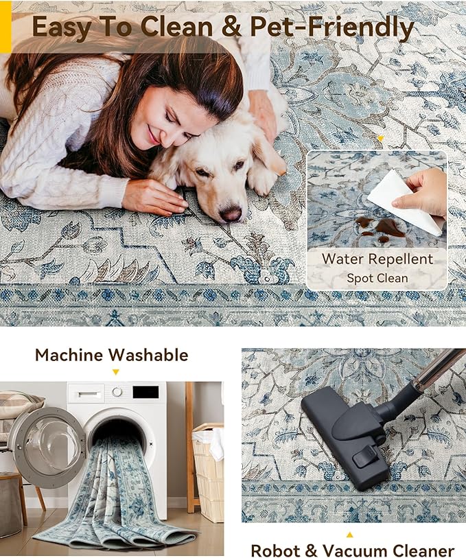 RELEANY Area Rugs Runner 2'x10' Washable Non-Slip, Floral Vintage Distress Medallion Carpet for Kitchen Hallway Bedroom Beside Laundry Room Bathroom, Light Blue Navy Gray White