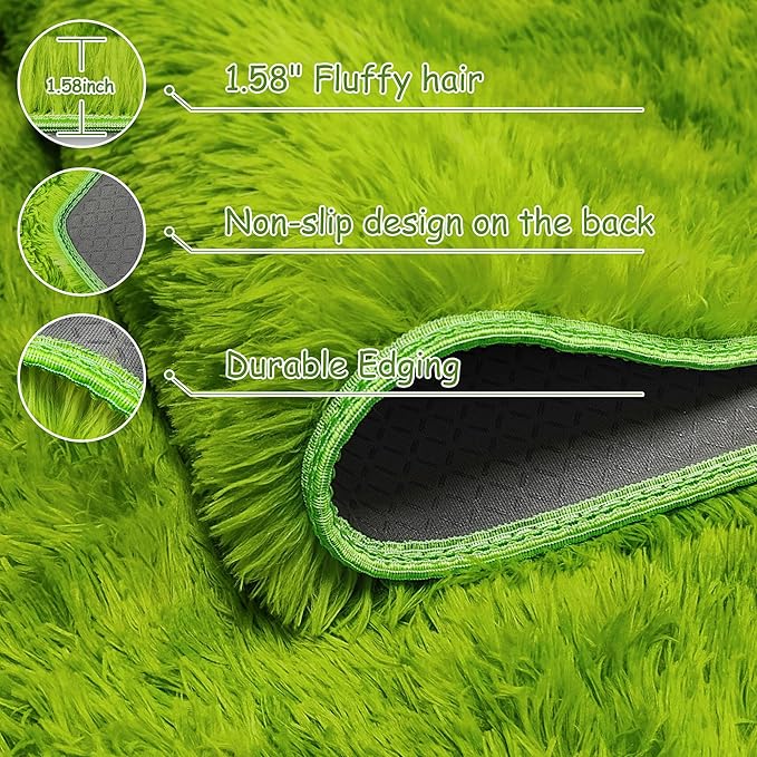 2x10 Feet Tie-Dye Green Shag Fluffy Rug for Bedroom, Soft Fuzzy Plush Long Runner Carpet, Cute Grass Green Runner for Hallway, Kids Girls Room, Baby Nursery, Teen Dorm, Home Decor Aesthetic