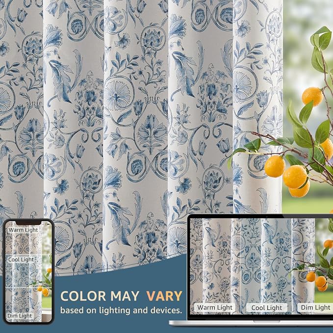 jinchan Blue Floral Blackout Curtains 84 Inch Farmhouse Back Tab 2 Panels | Blue on beige, room darkening, traditional vintage drapes, bedroom, living room, botanical, flower print, window treatment
