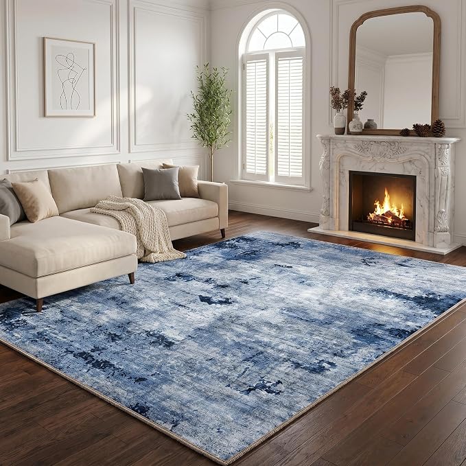 8'x10' Washable Area Rugs for Living Room Bedroom, Pet Friendly Non Slip Low Pile Rug for Hardwood Floors High Traffic Areas, Modern Abstract Stain Resistant Carpet, Blue