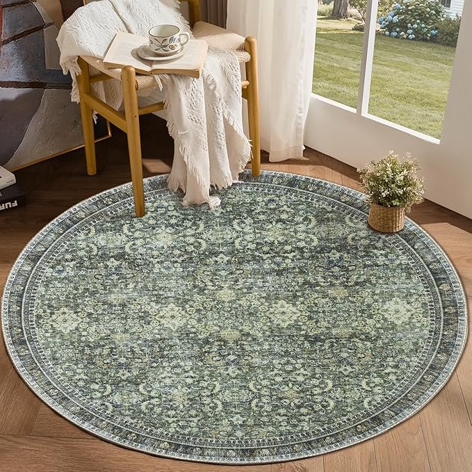 Sasttie Round Rug 4ft, Ultra-Soft Washable Circle Rug, Low Pile Foldable Thin Rugs with Non-Slip Backing, Skin-Friendly Stain Resistant Carpet for Living Room, Bedroom, Kitchen, Dorm, 4ft, Dark Green