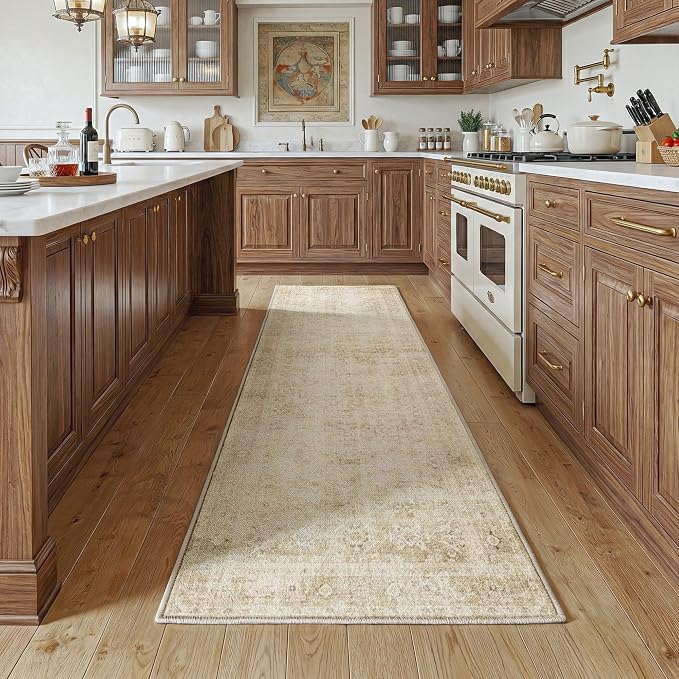 Fmfunctex 2x8 Runner Rug Beige Washable Neutral Vintage Distressed Oriental Traditional Non Slip Low Pile Indoor Carpet Retro Hallway Entryway Rug for Kitchen Living Room Bedroom Laundry Entry Bedside
