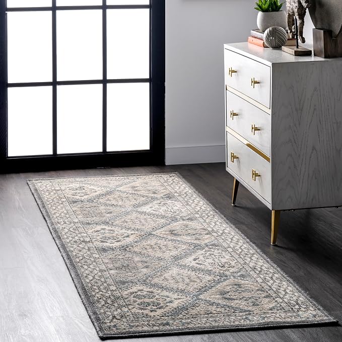 nuLOOM 2' x 10' Becca Traditional Tiled Area Rug, Charcoal, Faded Transitional Design, Stain Resistant, for Bedroom, Dining Room, Living Room, Hallway, Office, Kitchen, Entryway