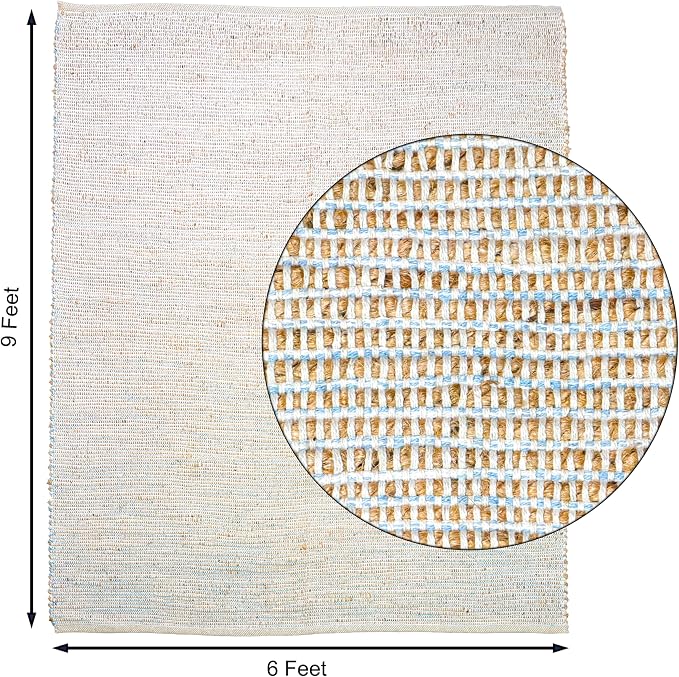 Chardin home 6x9 Jute Cotton Hand Woven Area Rug, Natural Jute Cream Blue Braided Boho Farmhouse Rug, Reversible Rustic Natural Fiber Carpet for Living Room Bedroom Dining Room