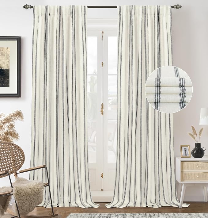 DriftAway Farmhouse Stripe Blackout Curtains, W52xL108, Black | Blackout, Linen Texture, Stripe Pattern, Rod Pocket & Back Tab, Two Layers, Bedroom Living Room Use, Sound Reducing Design