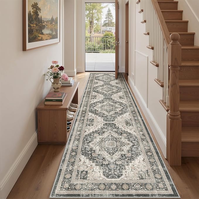 Roxstand Washable 2.6x10 Runner Rug, Non Slip Hallway Rugs Black/Beige | Low Pile rug, Stain Resistant, Distressed Rug Runners for Entryway, Living Room, Bedroom, Kitchen, Laundry