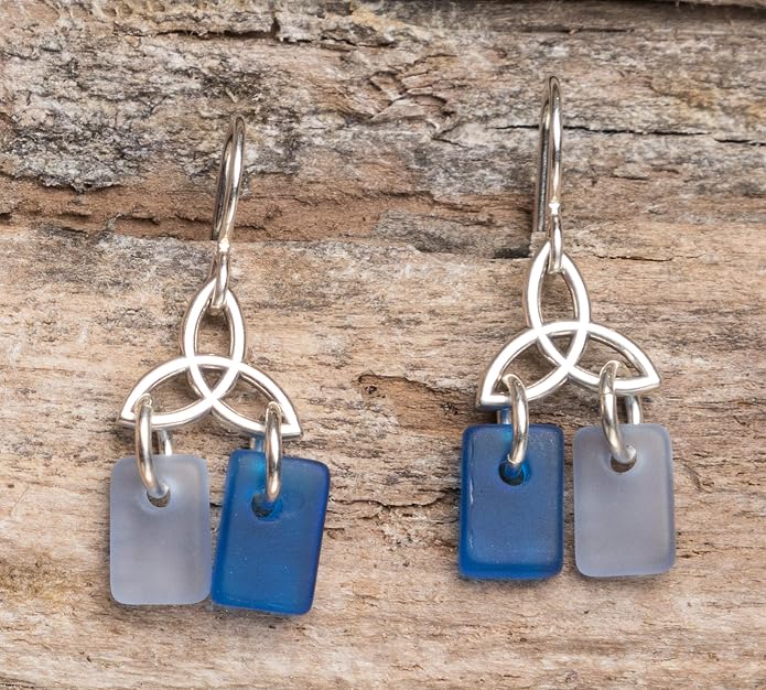 Sea Glass Celtic Knot Earrings - Sterling Drop Beach Earrings for Women by EcoSeaCo, using recycled and sustainable material. Handmade in the USA