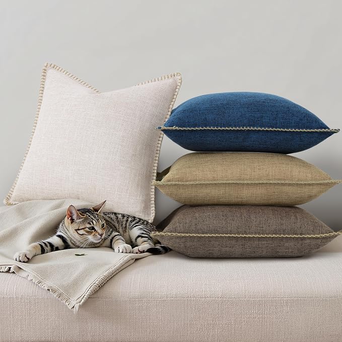 decorUhome Beige Faux Linen Outdoor Throw Pillow Covers 26x26 Set of 2 | Fall Decorative Textured Neutral Modern Farmhouse Pillow Covers with Stitched Edge for Couch Sofa Bed Living Room