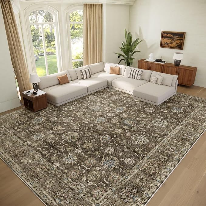 Boho Washable 10x14 Area Rugs for Living Room, Cushioned, Tan/Flaxen | Vintage Non-slip Neutral Oriental Rugs for Bedroom Dining Room Nursery Office High Traffic Area