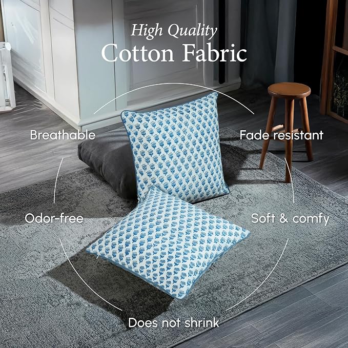 CPC 100% Cotton Throw Pillow Covers 24x24 Inch, Set of 2 Blue Block Print Pattern Couch Pillow, Cute Boho Decorative Pillows for Living Room, Bedroom with Hidden Zipper- Apatite Blue