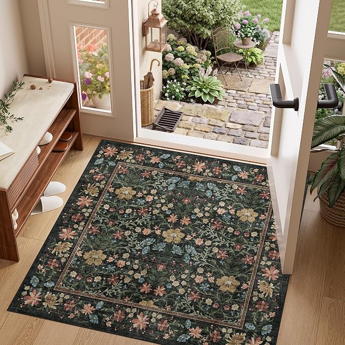 DUKINO 4x4 Square Rug, Washable Vintage Floral Living Room Area Rug, Black | Non Slip, Low Pile, Stain Resistant, Lightweight Soft Carpet for Entryway Bedroom Kitchen Home Office Kids Playroom Farmhouse