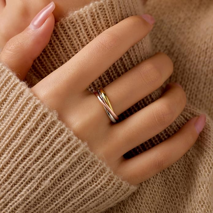 14K Gold Plated Interlocking Fidget Anxiety Ring 925 Sterling Silver Stackble Rings for Women Men Rolling Triple Spinner Ring Minimalist Trendy Knuckle Rings Jewelry Birthday Graduation Gifts
