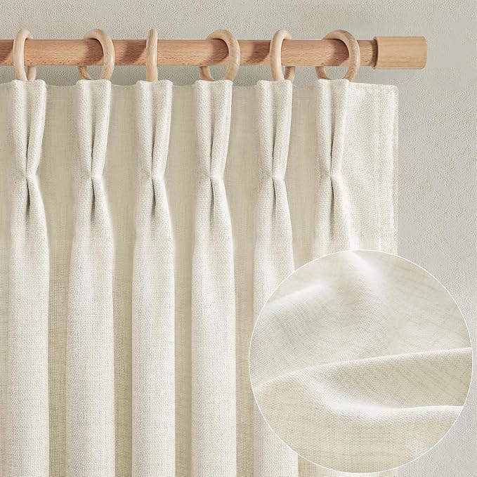 Cream Pinch Pleated Light Filtering Patio Sliding Glass Door Curtains 92 Inches Long 2 Panels Set, Memory Shape Natural Linen Blend Privacy Semi Sheer Country Curtain Window Drapes with Hooks & Rings