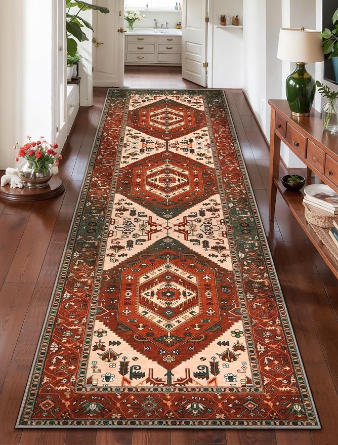 SERISSA Runner Rug for Hallways, 2'6"x10' Washable Non Slip Kitchen Runner Rug, Long Boho Rug Vintage Terracotta Green Hallway Stair Ultra Soft Print Floor Carpet for Bedroom Bathroom Laundry Room