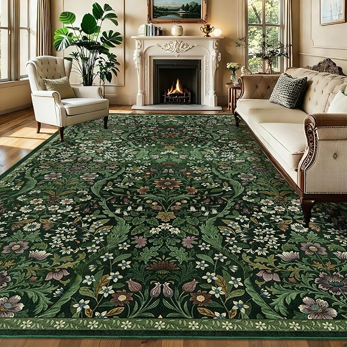 10x14 Dark Green Vintage Floral Area Rug,Washable Large Boho Living Room Rugs,Botanical Print Non-Slip Stain Resistant Lightweight Carpet for Bedroom Dining Room Nursery