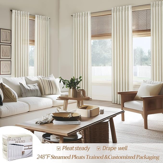 Extra Long 112 Inch Cream Pinch Pleat High Ceiling Curtains for Classroom 2 Panels Set, Memory Shape Light Filtering Privacy Flax Linen Luxury Window Curtain Semi Sheer Energy Efficient Viral Drapes