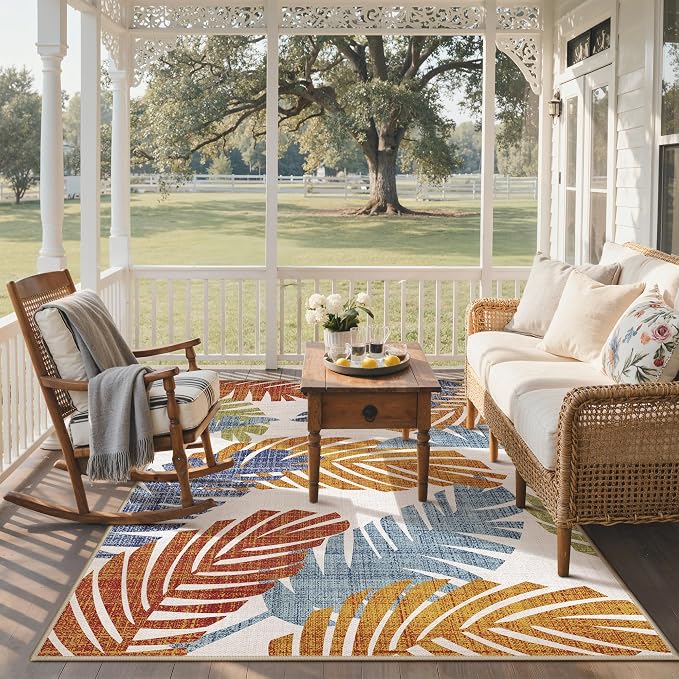 GENIMO 4x6 Outdoor Rug, Washable for Porch and Patio, Leaf Tropical Rust | Botanical leaf design for balcony; fade resistant chenille with quick-dry non-slip backing for deck and indoor space.