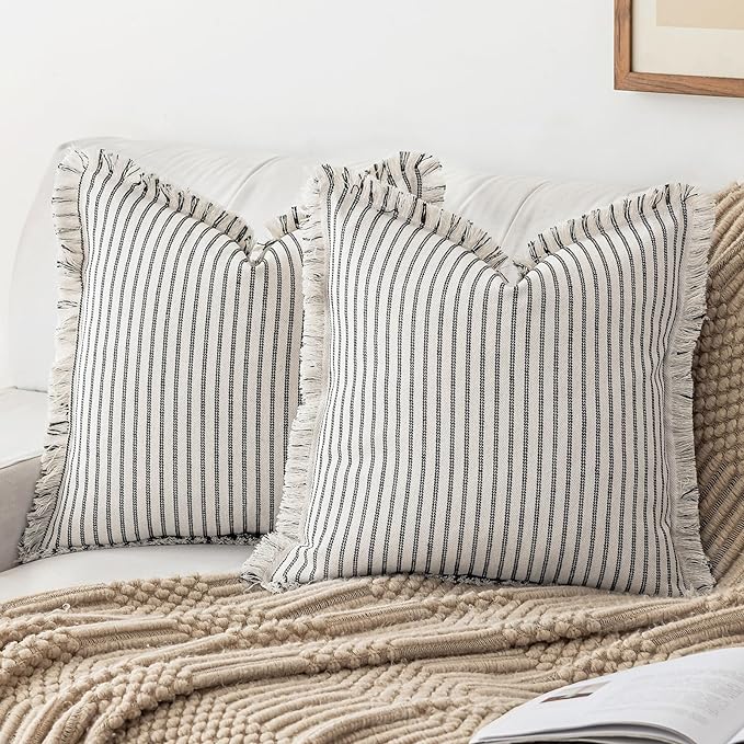 YEENAASY Throw Pillow Covers 20x20 Set of 2 Striped Fringe Pillow Cover Farmhouse Cushion Covers with Tassel Neutral Boho Pillows Decorative Square Pillowcase for Couch Sofa Bed, Black