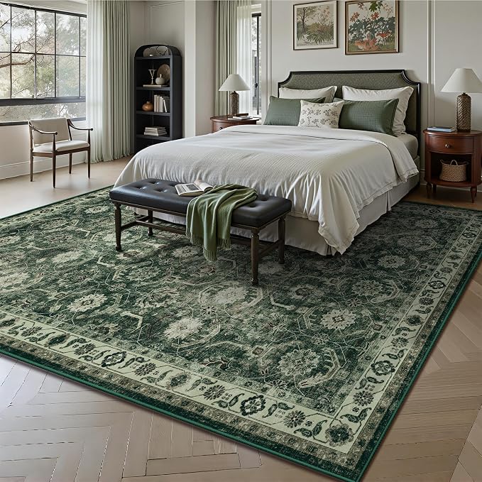 6x6 Square Area Rug, Soft Non Slip Low Pile Washable Rug, Boho Modern Area Rug for Living Room，Bedroom, Laundry Room, Dark Green/Beige