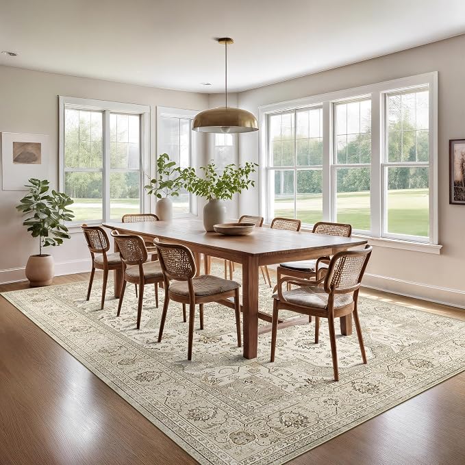 Roxstand 9x12 Washable Area Rug, Vintage Non Slip Rugs, Ivory/Beige | Soft Low Pile Design, Stain Resistant,Pet & Kid Friendly,Carpet for Living Room, Bedroom, Dining Room and Office Decor