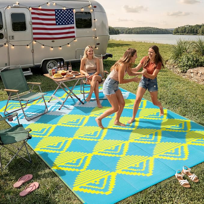 Beeiva Waterproof Outdoor Rug 6x9 for Camping, Balcony & RV, Reversible Plastic Straw Outdoor Mat Blue Yellow