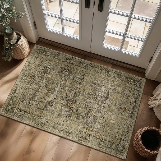Washable 3x5 Entryway Rug, Boho Vintage Non-Slip Door Mat, Dark Green | 0.3" Neutral Throw Small Rugs for Bedroom Kitchen Nursery Entrance, Cushioned for High-traffic Area