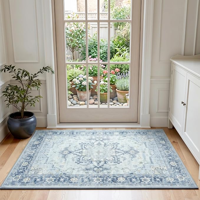 Lofus 2x3 Washable Rug for Entryway Bathroom, Non Slip Kitchen Mats for Floor, Vintage Soft Door Mat Indoor Entrance, Small Area Rugs, Farmhouse Carpet for Entry Living Room Bedroom, Blue Gold