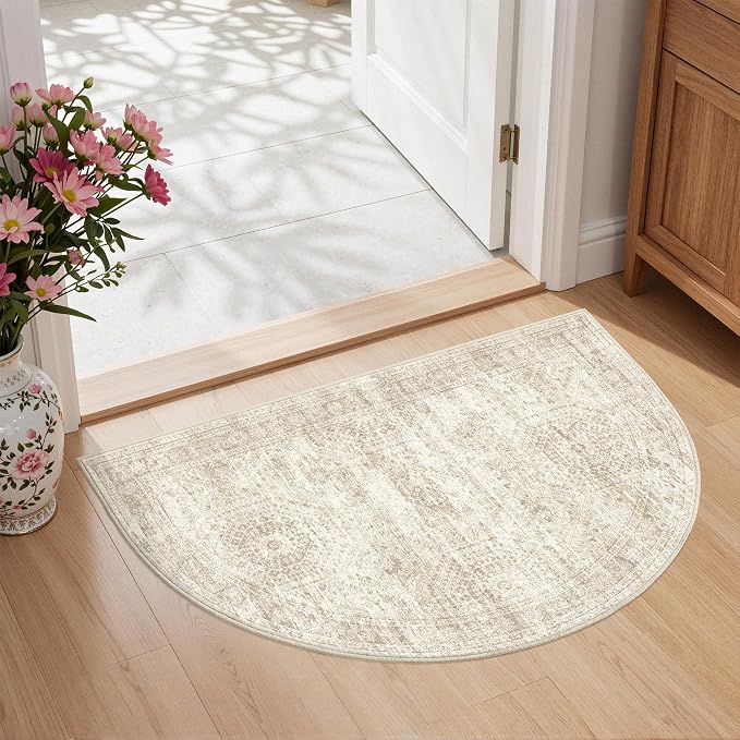 2x3 Half Circle Rug, Small Washable Entryway Rug,Beige | Semi Circle Rug for Kitchen,Front Door,Bathroom,Thin,Soft Welcome Mat,Stain Resistant Indoor Carpet,Non Slip