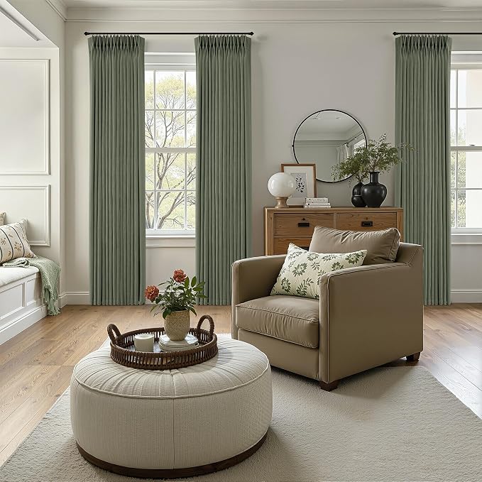 Sage Green Pinch Pleated Linen Curtains 120 Inches Long for Living Room Bedroom with Rings Hooks Clips Back Tab Semi Sheer Curtains Light Filtering Boho Farmhouse Drapes Light Green