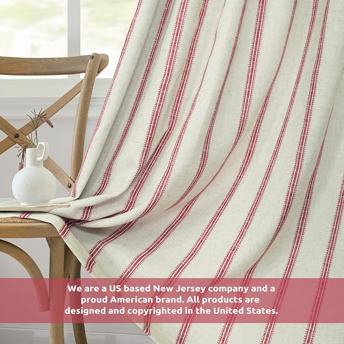 DriftAway Farmhouse Stripe Blackout Curtains, W52xL36, Red | Blackout, Linen Texture, Stripe Pattern, Rod Pocket & Back Tab, Two Layers, Bedroom Living Room Use, Sound Reducing Design