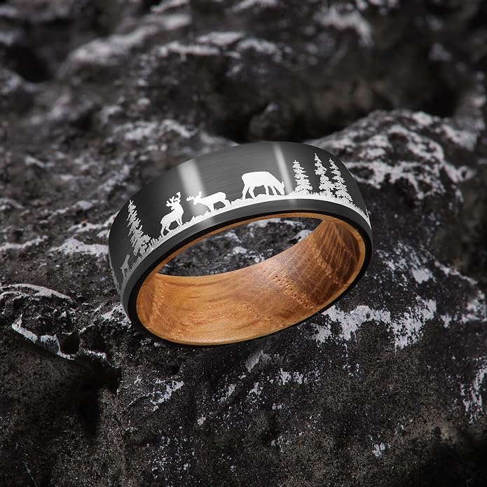 Forest Rings for Men 8 mm Black Plated Wedding Band with Wood Liner Comfort Fit