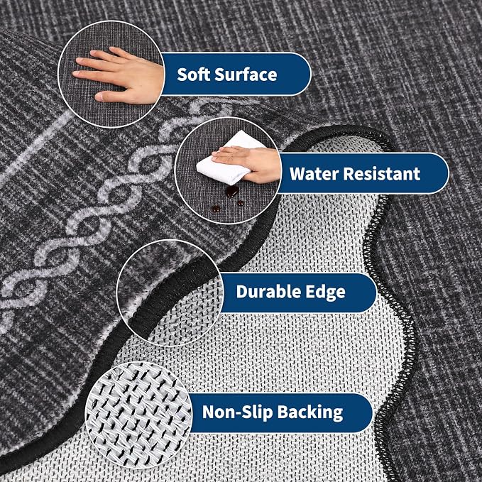 GarveeHome Scalloped Washable Runner Rug 2x8 Entry Rug Non Slip, Black | Kitchen Rugs Runner Farmhouse Black Low Pile Hallway Rugs Stain Resistant Carpet for Bathroom Laundry Room
