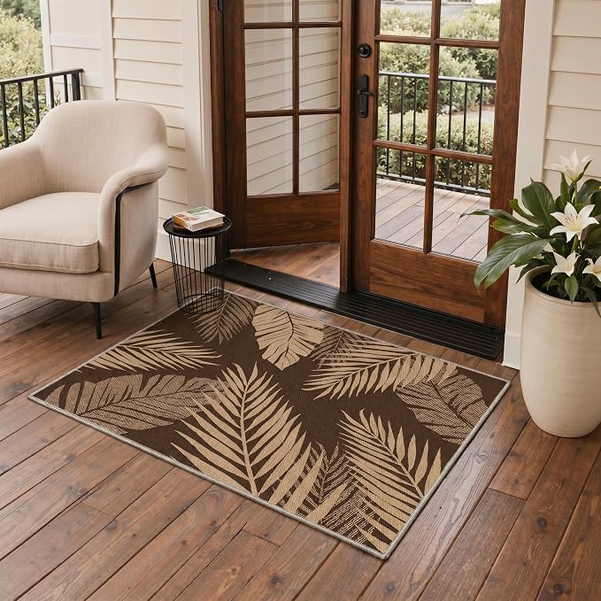 GENIMO Outdoor & Indoor Area Rug 2'x3', Waterproof, Non-Shedding, Easy Cleaning, Leaf Mat for Patio, Living Room, Balcony, Dining Room, RV, Deck, Bedroom, Camping, Outside Carpet, Coffee Brown