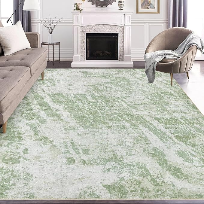 DMOYEST 8x11 Washable Area Rug: Abstract Modern Non-Slip Carpet, Soft Low Pile Indoor Neutral Easy Clean Floor Rugs for Living Room Bedroom Dining Room Kids & Pets - Green