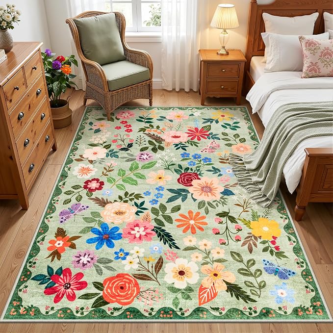 Area Rug Living Room Rugs: Floral 3x5 Washable Rug Vintage Soft Boho Non-Slip Carpet Indoor Floor Stain Resistant Large Carpets for Bedroom Dining Room Farmhouse Nursery Hallway Green