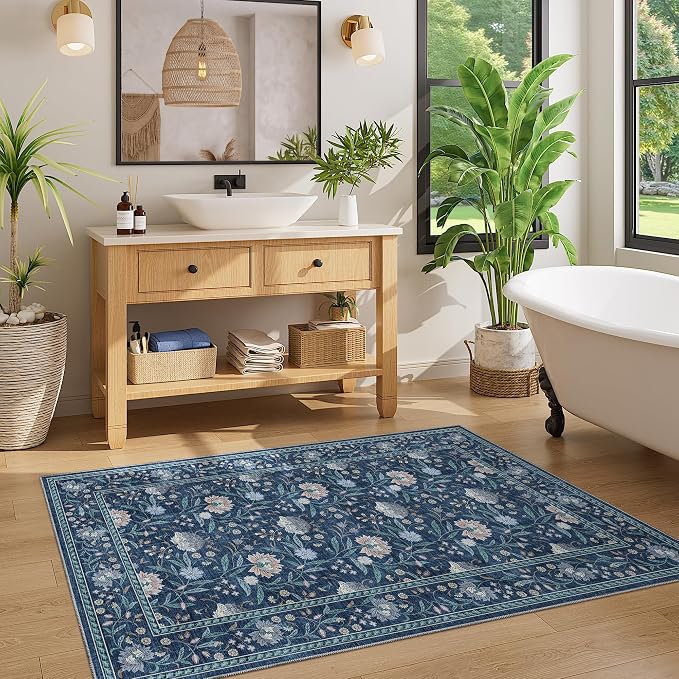 DUKINO 3x5 Rug, Washable Vintage Floral Bedroom Area Rug Non Slip Dark Blue | Low Pile, Non-Shedding, Stain Resistant Boho Lightweight Soft Indoor Carpet for Bathroom Office Dining Living Room Farmhouse