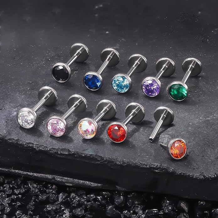 Ruifan Titanium Flat Back Lip Rings Threadless Push in Earrings Studs Nose Rings 20G 18G 16G Jeweled Mix Colors CZ Tragus Cartilage Lobe Rook Helix Conch Labret Medusa Piercing Jewelry for Women Men