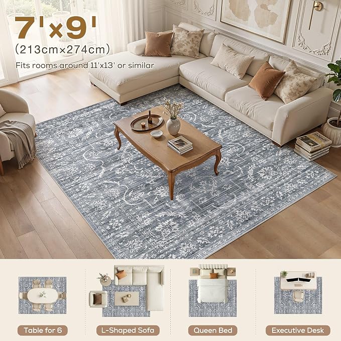 Nakagishi 7x9 Area Rugs Living Room: Washable Large Vintage Rug Neutral Non-Slip Soft Stain Resistant Indoor Carpet for Bedroom Nursery Dining Room Office Playroom - Retro Blue