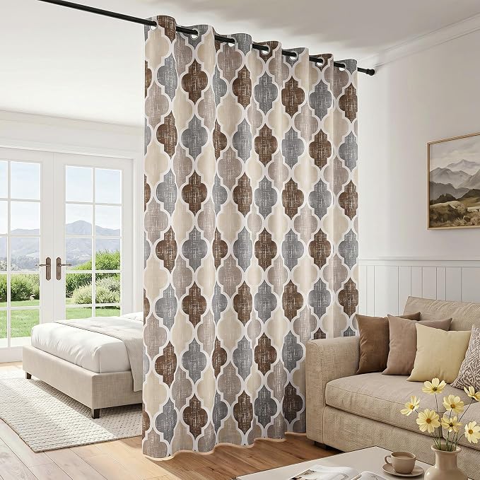 Beauoop Moroccan 100% Blackout Sliding Door Curtains Brown Grey 100x84x1 | Geometric Room Darkening Patio Curtains Extra Wide Room Divider Drapes 1 Panel Thermal Soundproof Window treatment Grommet