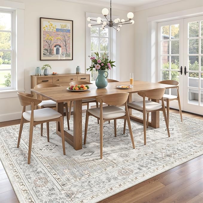 befbee 5x7 Area Rugs for Living Rooms, Stain Resistant Neutral Washable Rugs for Dining Rooms, Floral Vintage Non-Slip Thin Large Size Area Rug(Light Grey)
