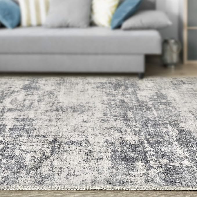 Abstract 6x9 Area Rug: Machine Washable Non Slip Ultra Thin Low-Pile Carpet, Soft Stain Resistant for Living Room Bedroom Nursery, Kid Pet Friendly, Robot Vacuum Compatible - Beige Dark Grey