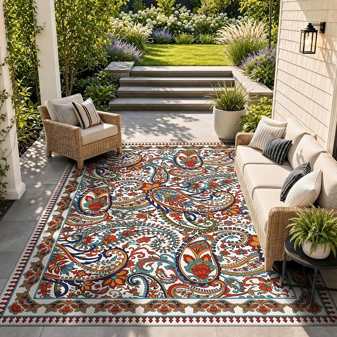 Arenarug Paisley Outdoor Rug Waterproof 9x12, UV Resistant Non Slip Patio Rug, Indoor Outdoor Boho Camping Rug Linen-Look RV Carpet for Deck Balcony Backyard, White Multi