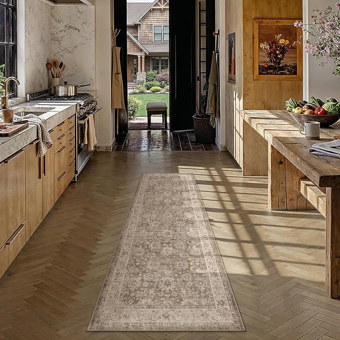 HUGEAR 2x6 Runner Rug Taupe Machine Washable Rug Room Decor Vintage Distressed Hallway Rugs Low Pile Carpet Non Slip Washable Rugs for Kitchen Laundry Room Living Soft Lightweight