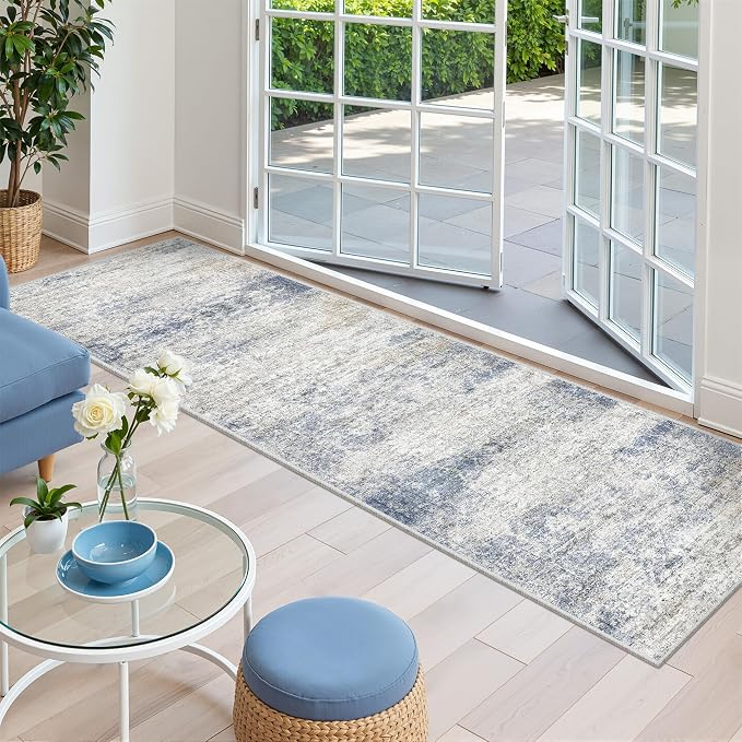 2x7 Runner Rug Non Slip,Washable Hallway Runner Rug,Blue | Neutral Rugs for Kitchen,Entryway,Bedroom,Bathroom,Nursery Room,Thin,Soft Runner Rug,Stain Resistant Indoor Carpet