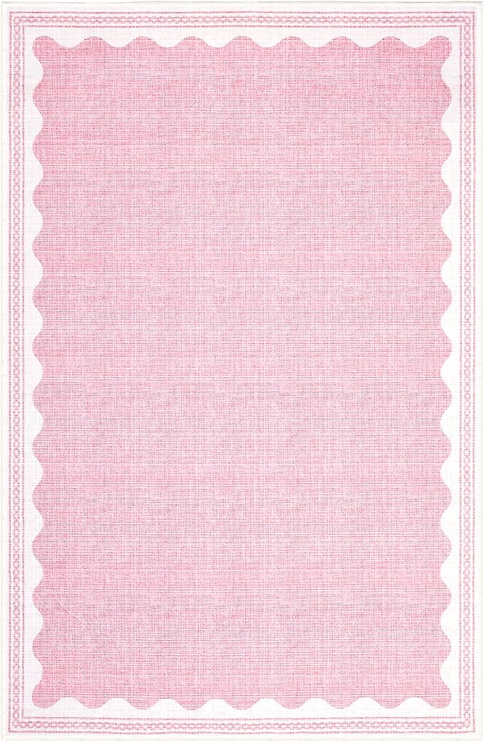 GarveeHome Washable Rugs 5x7 Area Rug for Living Room, Scalloped 5 x 7 Rug Solid Pink Modern Minimalism Low-Pile Carpet for Bedroom Dining Nursery Non Slip Mat with Rubber Back