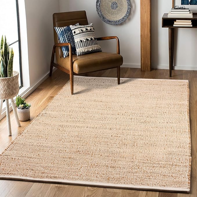 Handwoven Jute and Cotton Area Rug - Natural Rug, Farmhouse Accent Rug for Living Room, Bedroom, or Entryway - Sustainable, Flatweave - (5x8 Ivory)