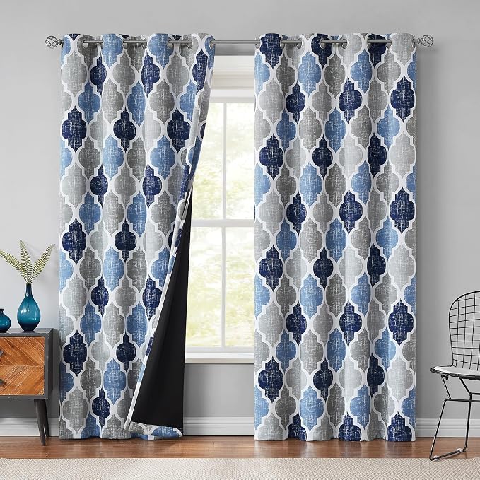 Beauoop Moroccan 100% Blackout Curtains Bedroom Blue Grey 50x96 2 Panels | Geometric Room Darkening Drapes for Living Room 96 Inch Long Thermal Insulated Soundproof Lattice Window Treatment Grommet